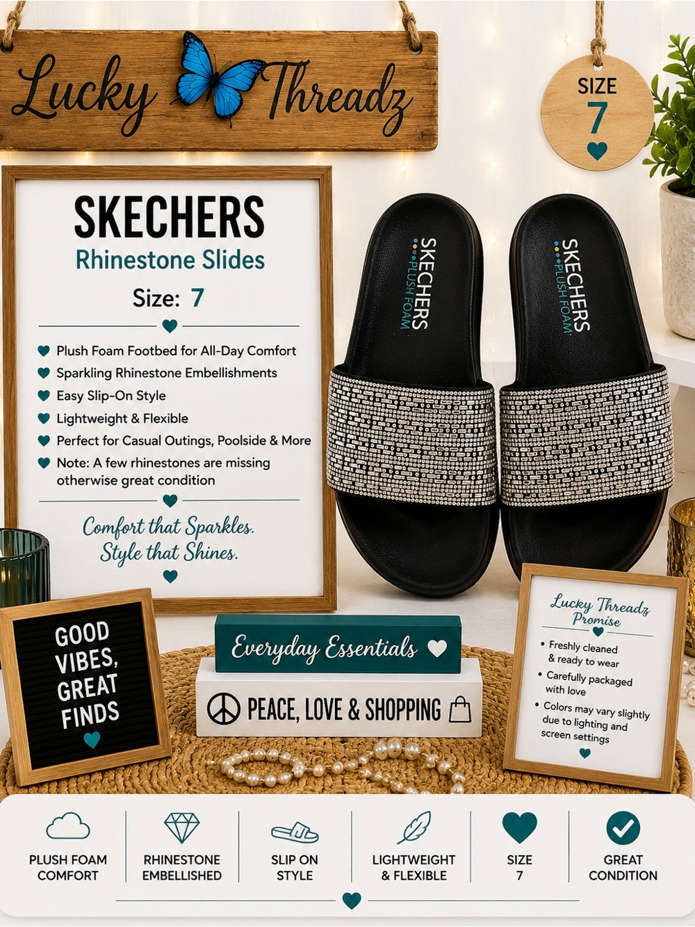 Skechers Black Slide Sandals with Silver Rhinestones-size 7